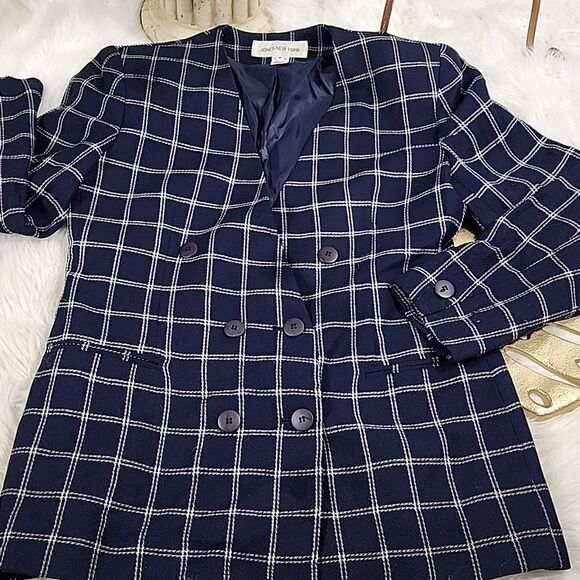 Vintage Jones New York Size 8 Checkered Navy Blue Double Breasted Jacket Blazer - Picture 1 of 7